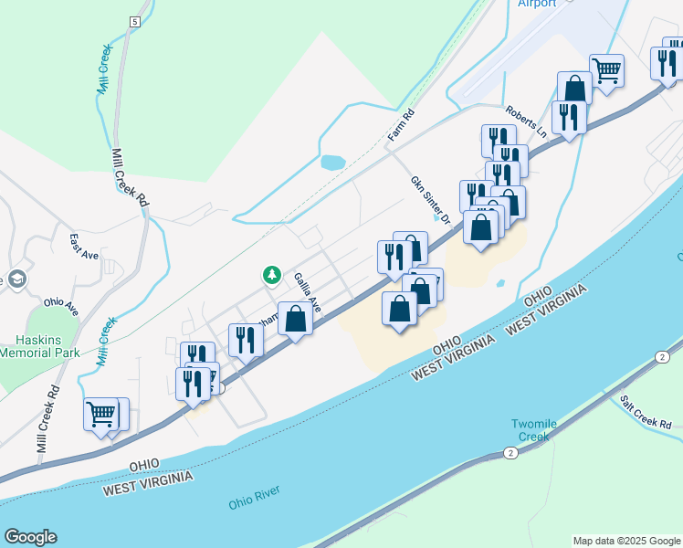 map of restaurants, bars, coffee shops, grocery stores, and more near 2106 Chatham Street in Gallipolis