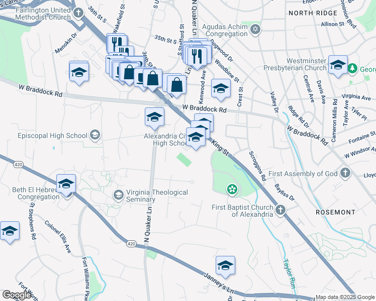 map of restaurants, bars, coffee shops, grocery stores, and more near 3330 King Street in Alexandria