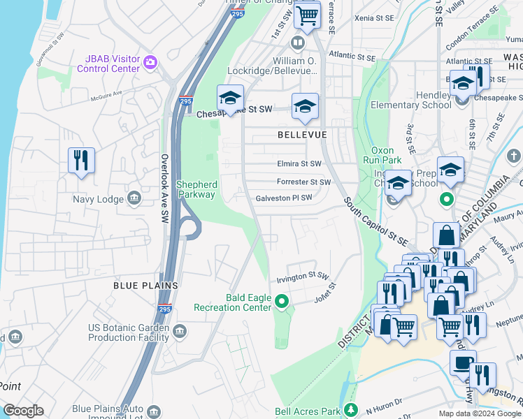 map of restaurants, bars, coffee shops, grocery stores, and more near 127 Galveston Street Southwest in Washington