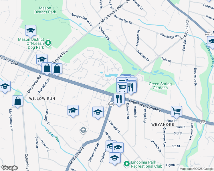 map of restaurants, bars, coffee shops, grocery stores, and more near 6525 Tartan Vista Drive in Alexandria