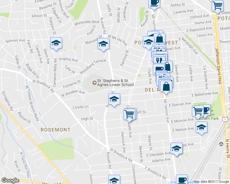 map of restaurants, bars, coffee shops, grocery stores, and more near 102 West Windsor Avenue in Alexandria