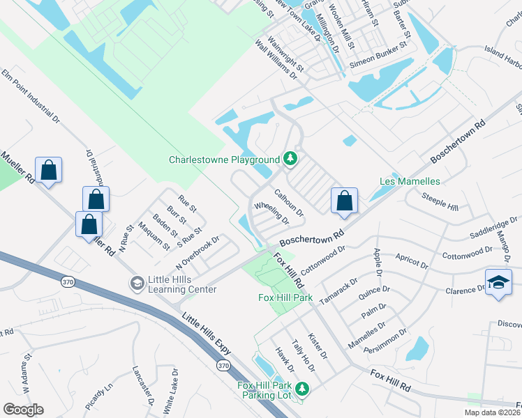 map of restaurants, bars, coffee shops, grocery stores, and more near 3108 Wheeling Drive in Saint Charles
