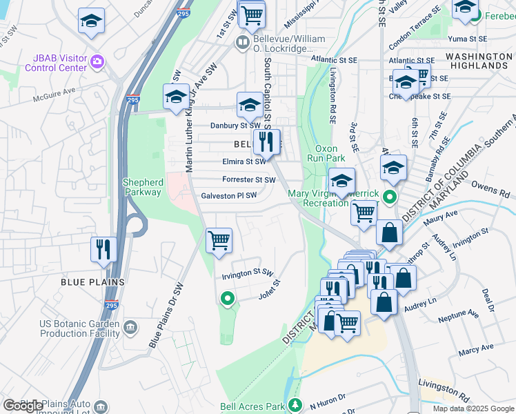 map of restaurants, bars, coffee shops, grocery stores, and more near 49 Galveston Street Southwest in Washington