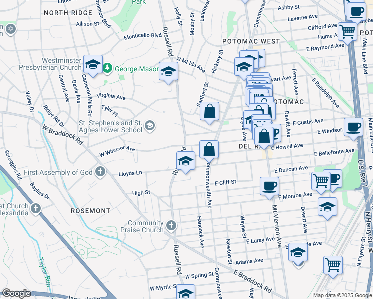 map of restaurants, bars, coffee shops, grocery stores, and more near 102 West Windsor Avenue in Alexandria