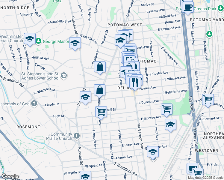 map of restaurants, bars, coffee shops, grocery stores, and more near 16 East Howell Avenue in Alexandria