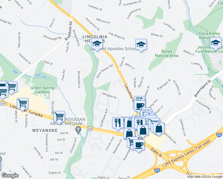 map of restaurants, bars, coffee shops, grocery stores, and more near 4642 Linmar Court in Alexandria