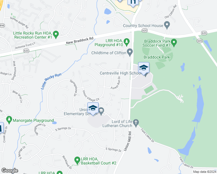 map of restaurants, bars, coffee shops, grocery stores, and more near 6035 Forest Run Drive in Clifton