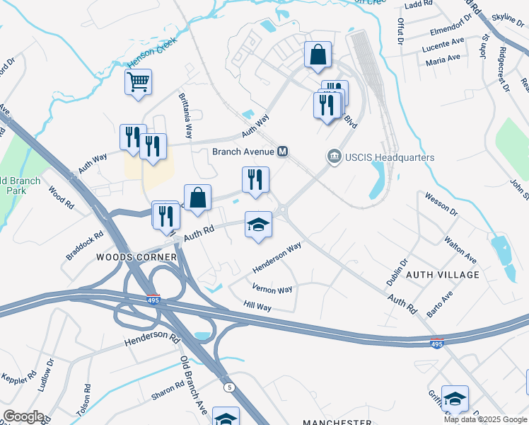 map of restaurants, bars, coffee shops, grocery stores, and more near 5400 Auth Road in Camp Springs