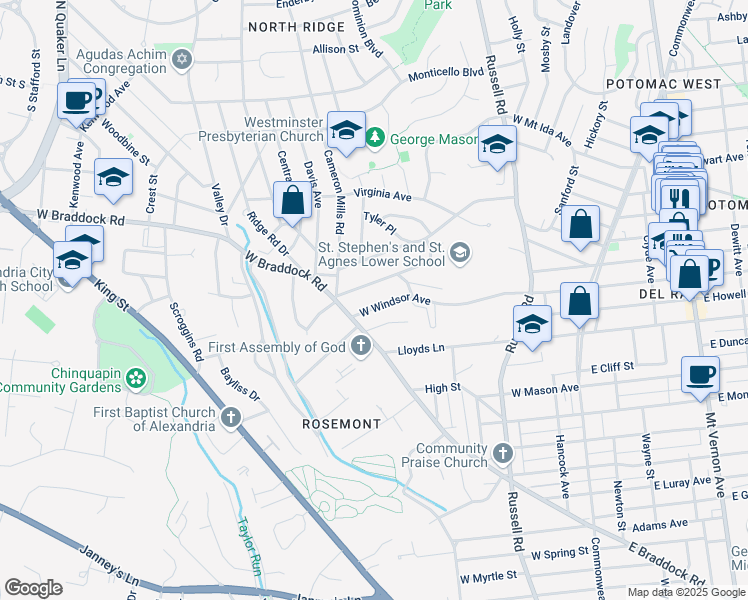 map of restaurants, bars, coffee shops, grocery stores, and more near 515 West Windsor Avenue in Alexandria