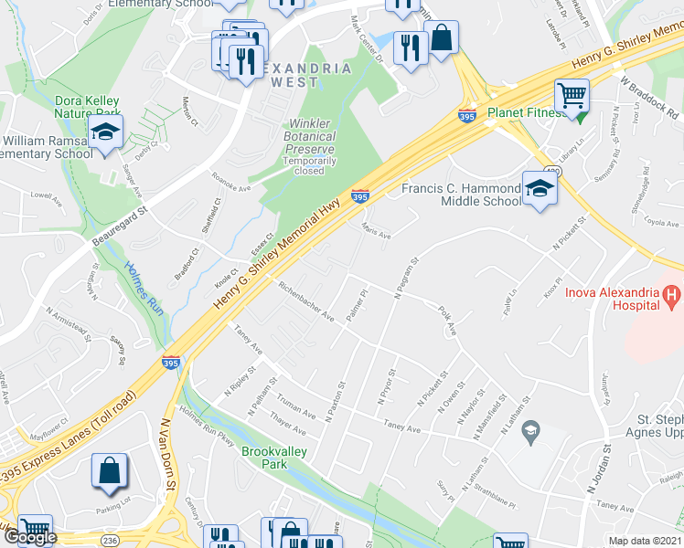 map of restaurants, bars, coffee shops, grocery stores, and more near 1034 North Pelham Street in Alexandria