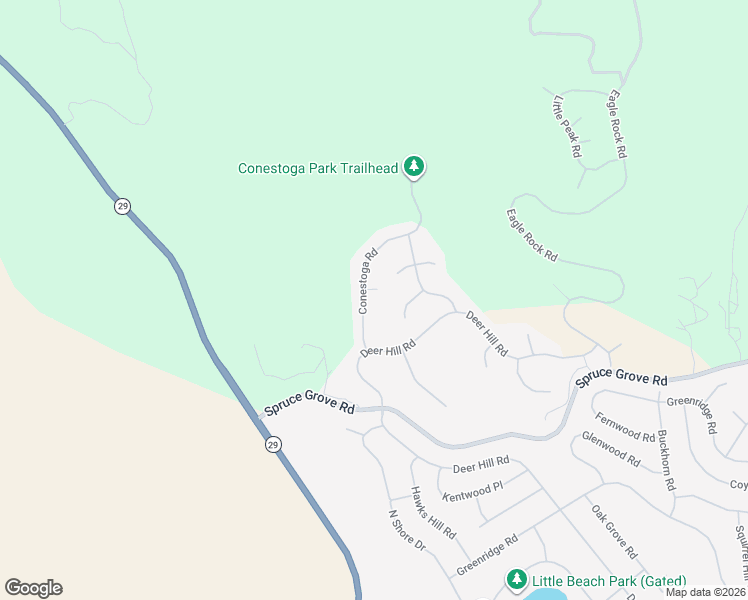 map of restaurants, bars, coffee shops, grocery stores, and more near 16366 Conestoga Road in Hidden Valley Lake