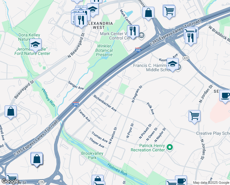map of restaurants, bars, coffee shops, grocery stores, and more near 1034 North Pelham Street in Alexandria