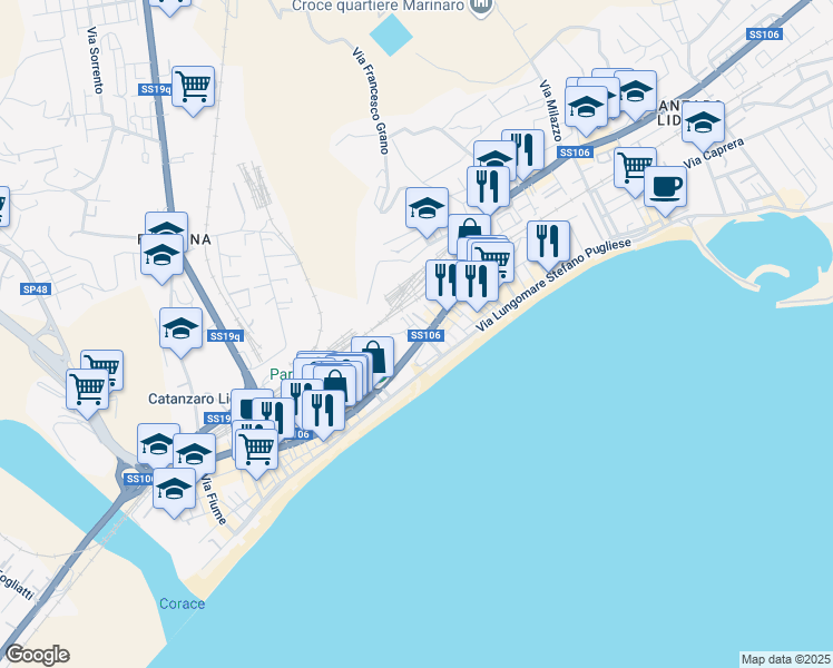 map of restaurants, bars, coffee shops, grocery stores, and more near 23 Vico I Viale Crotone in Catanzaro