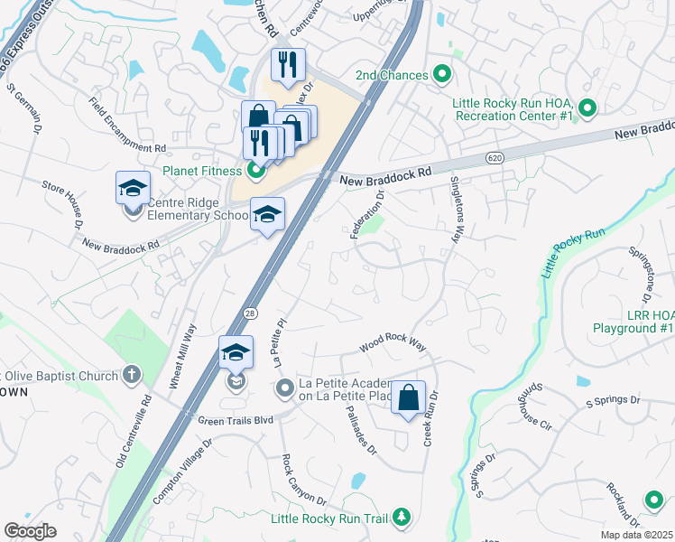 map of restaurants, bars, coffee shops, grocery stores, and more near 14157 Red River Drive in Centreville