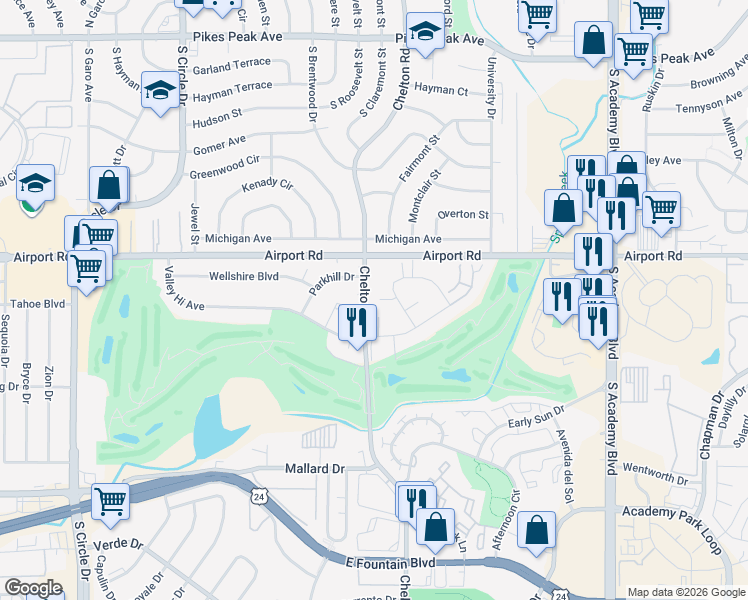 map of restaurants, bars, coffee shops, grocery stores, and more near 413 South Chelton Road in Colorado Springs
