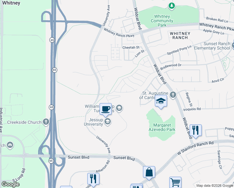 map of restaurants, bars, coffee shops, grocery stores, and more near 1308 Larkspur Drive in Rocklin
