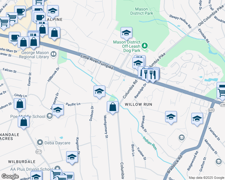 map of restaurants, bars, coffee shops, grocery stores, and more near 4667 Brentleigh Court in Annandale
