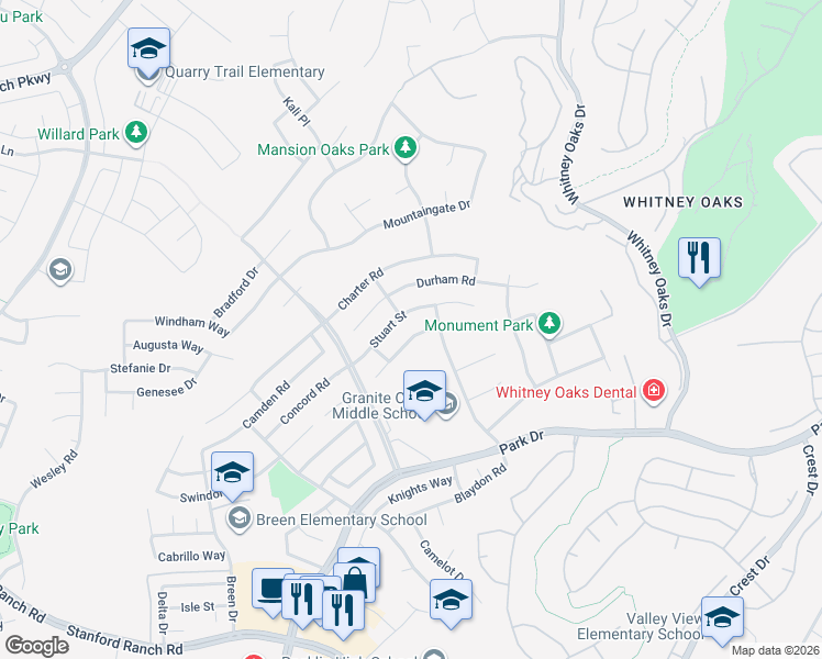 map of restaurants, bars, coffee shops, grocery stores, and more near 4703 Stuart Street in Rocklin