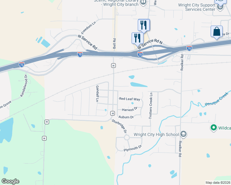 map of restaurants, bars, coffee shops, grocery stores, and more near 104 Bombadill Boulevard in Wright City