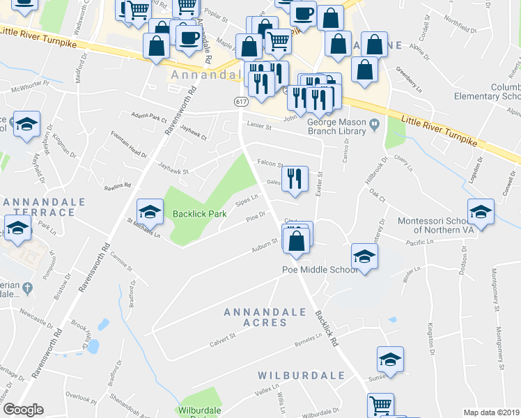 map of restaurants, bars, coffee shops, grocery stores, and more near 7202 Pine Drive in Annandale