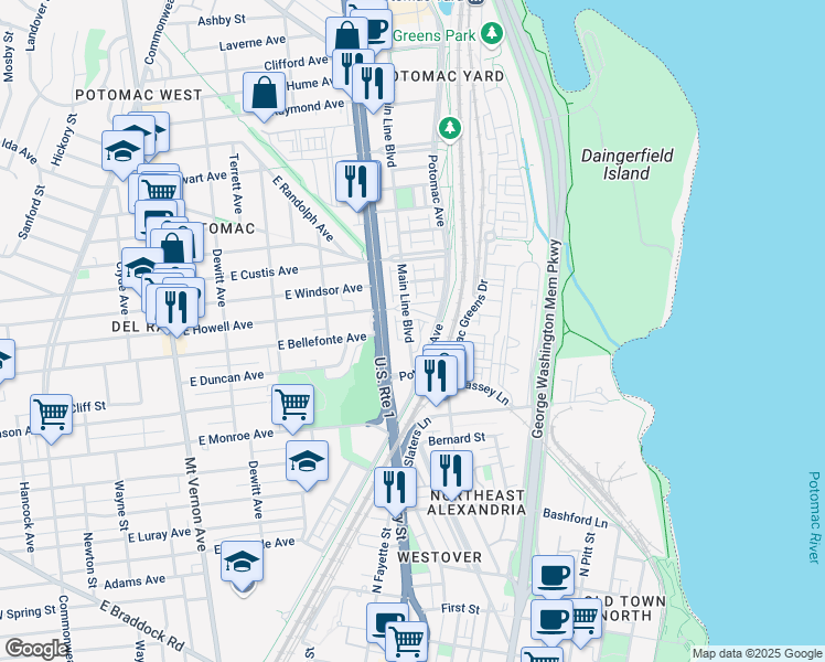 map of restaurants, bars, coffee shops, grocery stores, and more near 1907 Main Line Boulevard in Alexandria