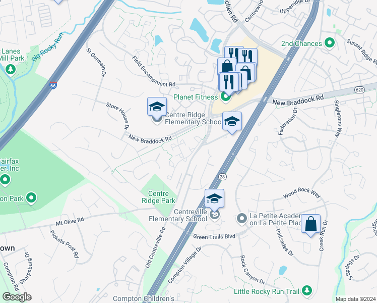 map of restaurants, bars, coffee shops, grocery stores, and more near 6318 John Charles Landing in Centreville