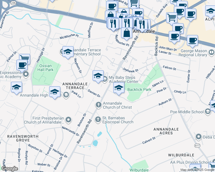 map of restaurants, bars, coffee shops, grocery stores, and more near 4606 Ravensworth Road in Annandale