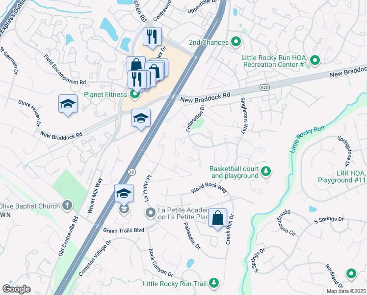 map of restaurants, bars, coffee shops, grocery stores, and more near 6364 Palmetto Place in Centreville
