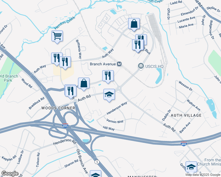 map of restaurants, bars, coffee shops, grocery stores, and more near 5400 Auth Road in Camp Springs