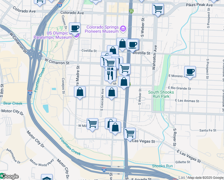 map of restaurants, bars, coffee shops, grocery stores, and more near 26 East Rio Grande Street in Colorado Springs