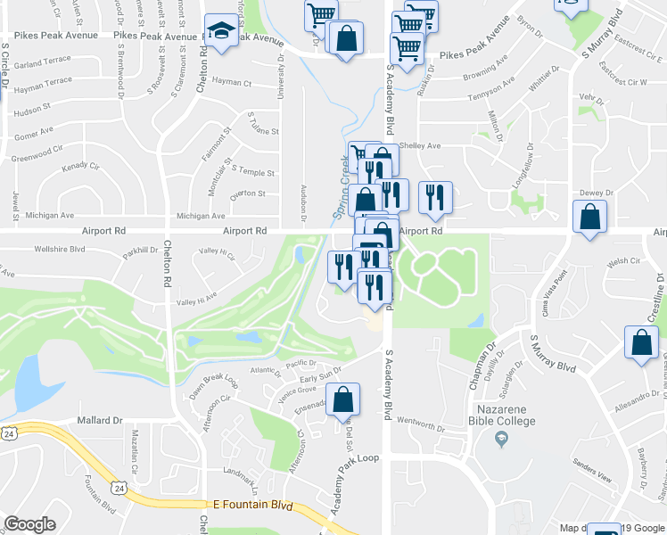 map of restaurants, bars, coffee shops, grocery stores, and more near 411 Lakewood Circle in Colorado Springs