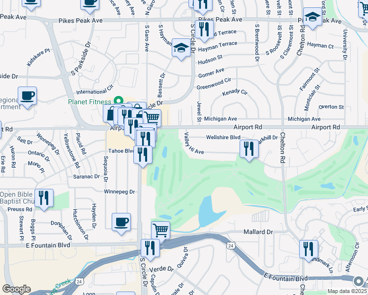 map of restaurants, bars, coffee shops, grocery stores, and more near 2810 Valley Hi Avenue in Colorado Springs