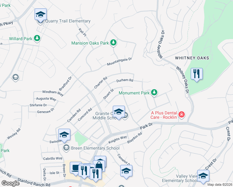 map of restaurants, bars, coffee shops, grocery stores, and more near 4703 Stuart Street in Rocklin