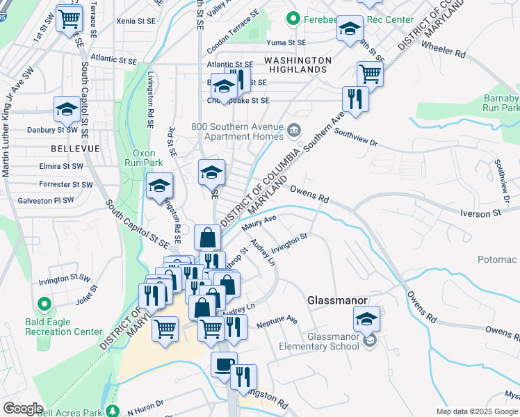 map of restaurants, bars, coffee shops, grocery stores, and more near 613 Southern Avenue Southeast in Oxon Hill