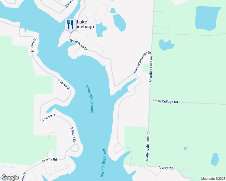 map of restaurants, bars, coffee shops, grocery stores, and more near 472 Winnebago Drive in Greenwood