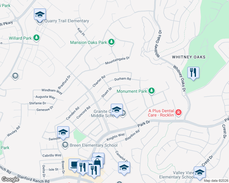 map of restaurants, bars, coffee shops, grocery stores, and more near 4703 Stuart Street in Rocklin