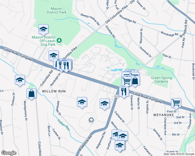 map of restaurants, bars, coffee shops, grocery stores, and more near 6585 Bermuda Green Court in Alexandria
