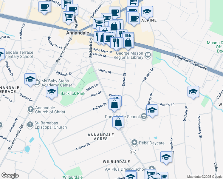map of restaurants, bars, coffee shops, grocery stores, and more near 7111 Vermillion Place in Annandale