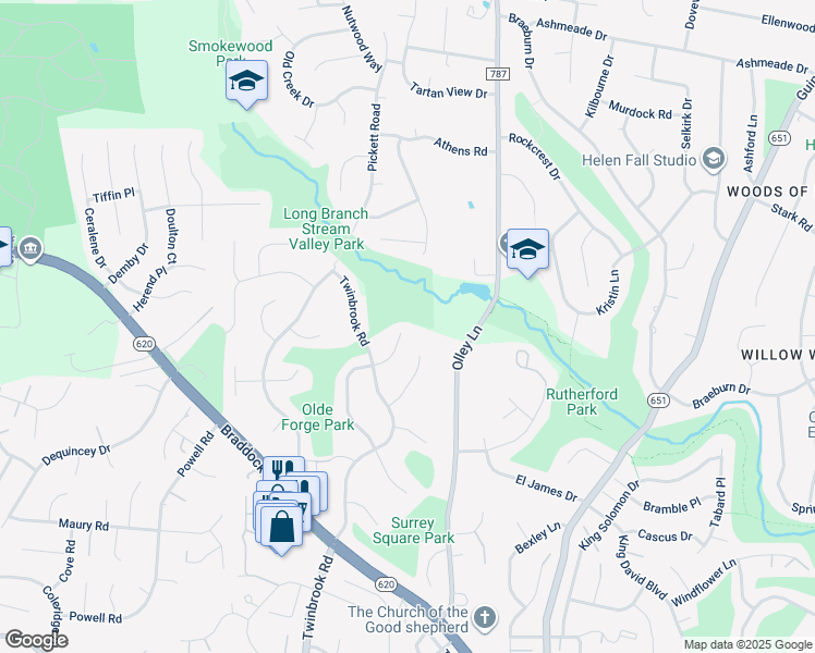 map of restaurants, bars, coffee shops, grocery stores, and more near 4601 Tara Drive in Fairfax