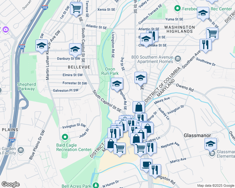 map of restaurants, bars, coffee shops, grocery stores, and more near 4600 Livingston Road Southeast in Washington