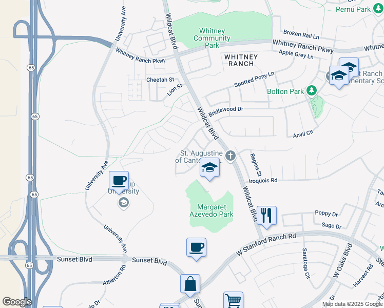 map of restaurants, bars, coffee shops, grocery stores, and more near Albany Way in Rocklin