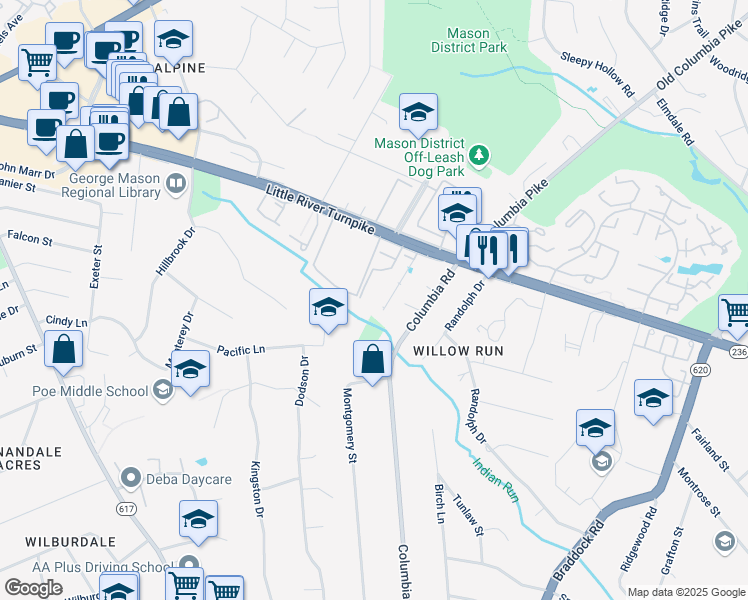 map of restaurants, bars, coffee shops, grocery stores, and more near 4663 Brentleigh Court in Annandale