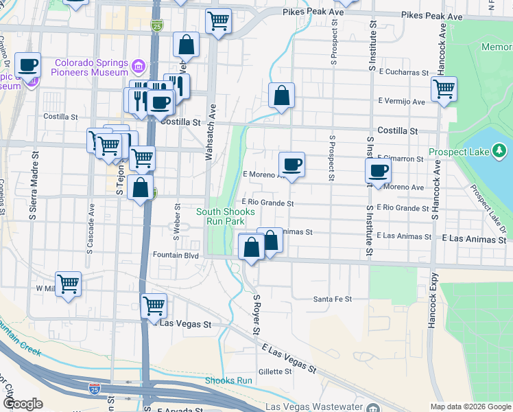 map of restaurants, bars, coffee shops, grocery stores, and more near 704 South Royer Street in Colorado Springs