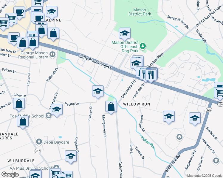 map of restaurants, bars, coffee shops, grocery stores, and more near 4663 Brentleigh Court in Annandale