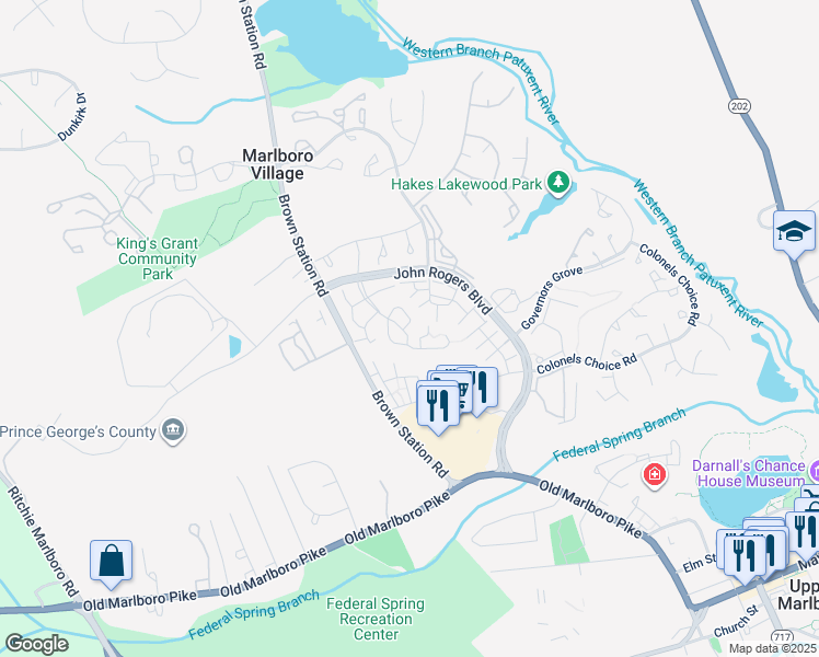 map of restaurants, bars, coffee shops, grocery stores, and more near 13956 King George Way in Upper Marlboro