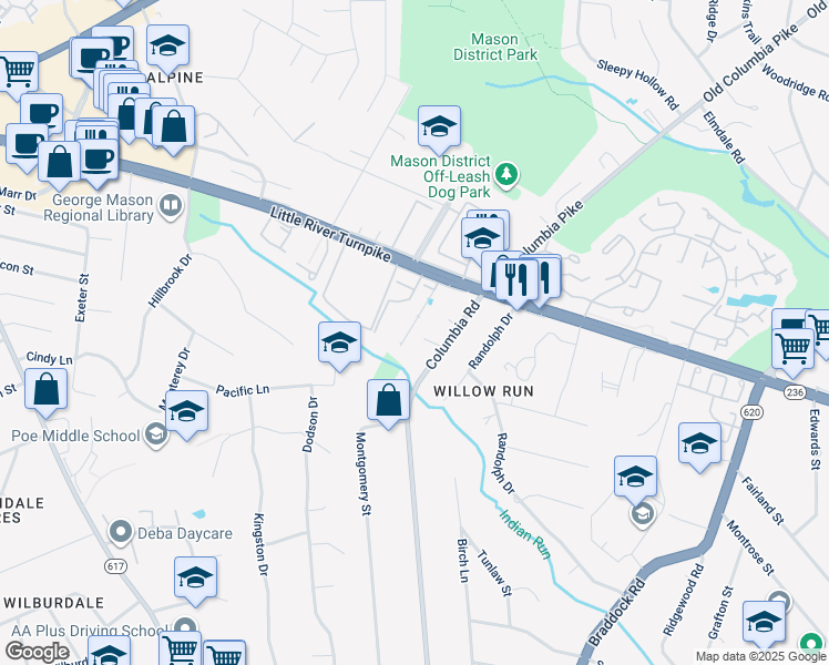 map of restaurants, bars, coffee shops, grocery stores, and more near 4629 Aspen Hill Court in Annandale