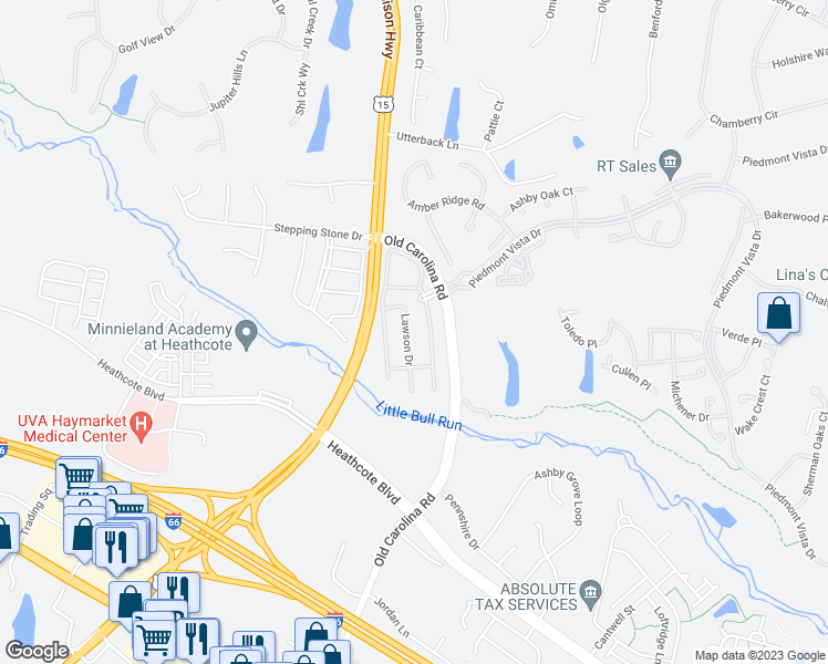 map of restaurants, bars, coffee shops, grocery stores, and more near 6221 Lawson Drive in Haymarket