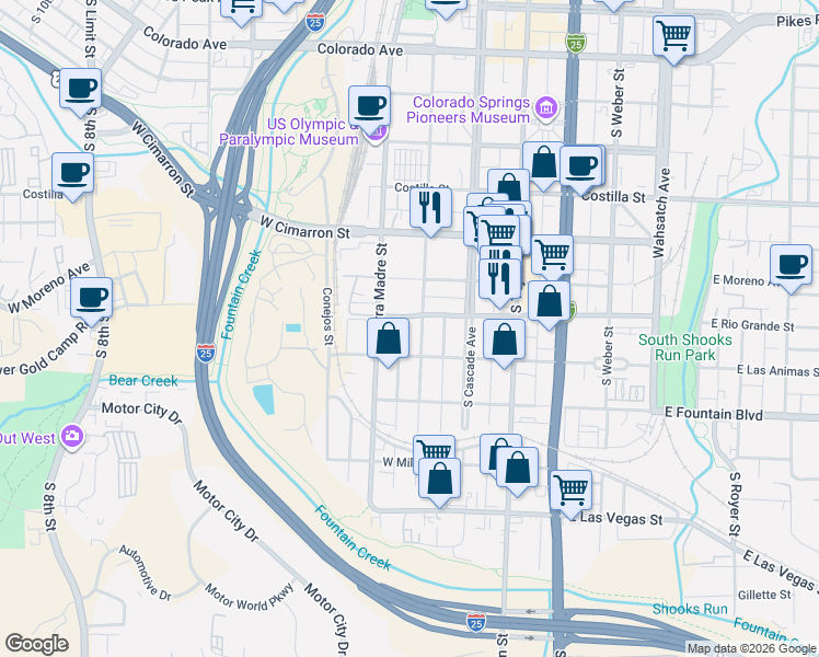 map of restaurants, bars, coffee shops, grocery stores, and more near 703 Sahwatch Street in Colorado Springs