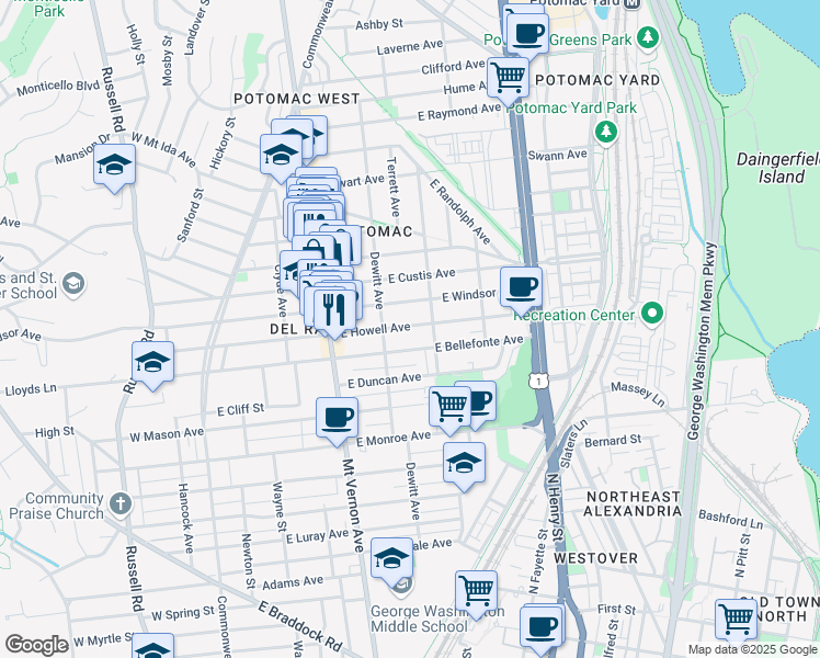 map of restaurants, bars, coffee shops, grocery stores, and more near 101 Independence Avenue Southeast in Washington