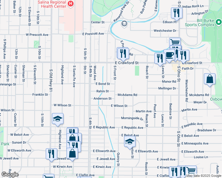 map of restaurants, bars, coffee shops, grocery stores, and more near 520 East Bond Street in Salina